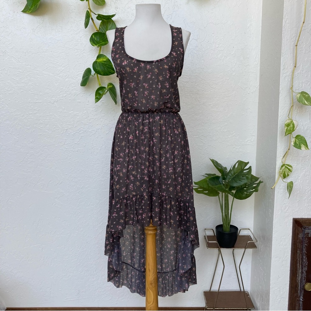 Zara Trafaluc Sheer Gray Floral Hi Low Dress Tunic Tank Ruffle Boho Sleeveless